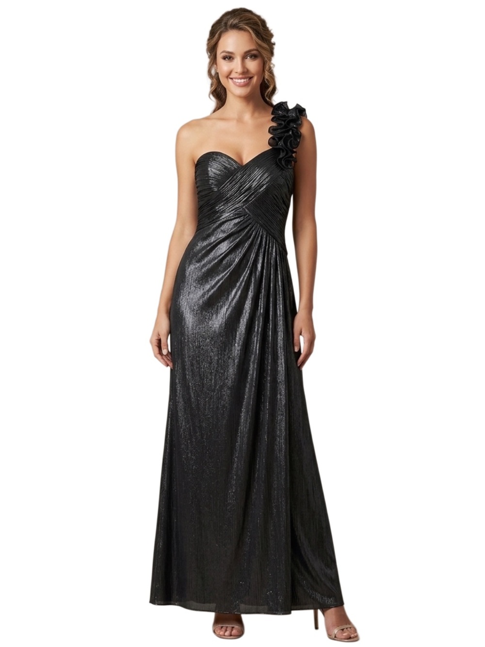 Aqua Black (w/silver) One Shoulder Cascading Ruffle Gown- Sz 12
